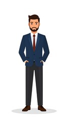 Obraz premium A flat illustration of a man standing with hands in pockets. He wears a navy suit jacket, red tie, dark trousers, and brown shoes. He has a beard