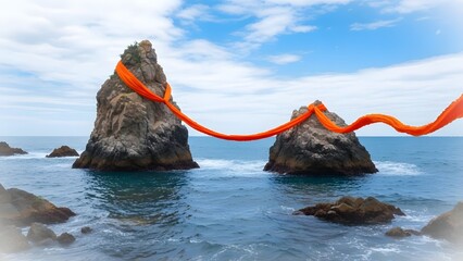 Vibrant orange sculpture on coastal rocks