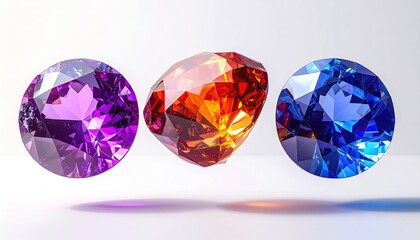 Fototapeta premium Three gems in purple, orange and blue floating