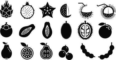 Tropical and exotic fruit silhouette icons including dragon fruit, mangosteen, and durian