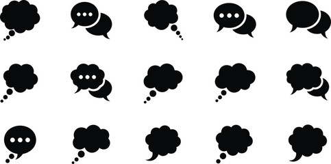 Collection of black thought and speech bubble icons for social media and creative storytelling