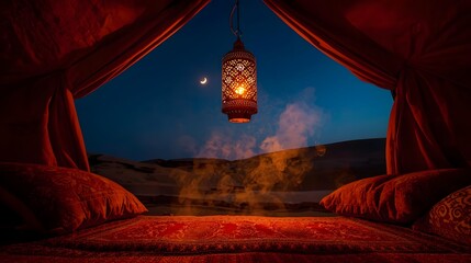 Traditional Arabic lantern hanging in desert night with smoke and blue sky for Ramadan concept
