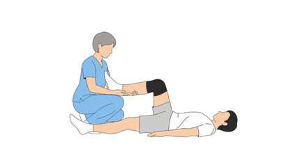 Physiotherapy assisting male patient performing rehabilitation leg exercises, focusing on knee injury recovery with a brace.
