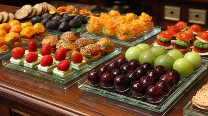 A delightful array of colorful appetizers and desserts displayed on glass platters, arranged attractively on a wooden surface.