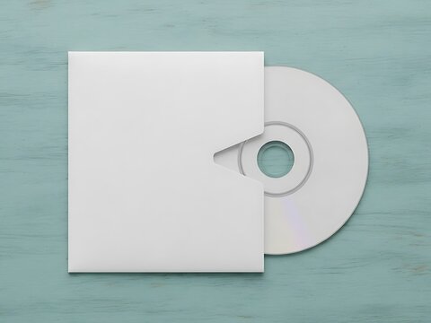 A white CD partially enclosed in a white sleeve on a light blue wooden surface