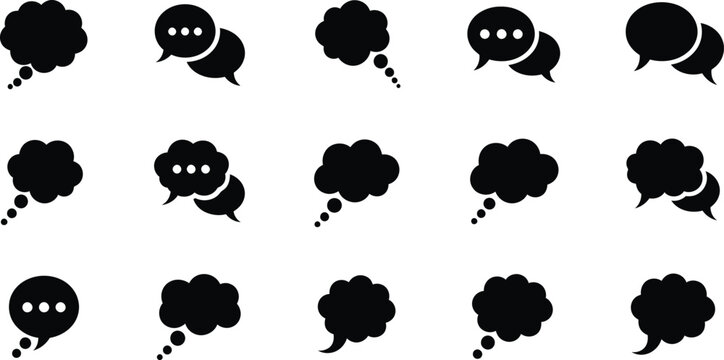 Collection of black thought and speech bubble icons for social media and creative storytelling