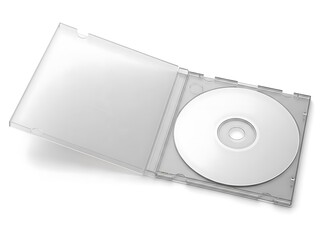 Fototapeta premium An open CD case containing a silver compact disc on a plain white background viewed from above