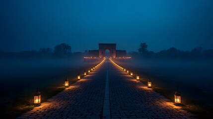 Illuminated cobblestone pathway with candles leading to mosque silhouette at foggy night for Ramadan spiritual journey concept