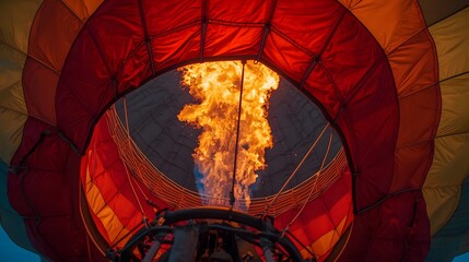 Close up view of hot air balloon burner flame fire inflating the envelope for travel adventure concept
