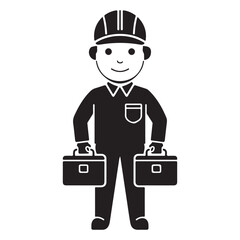  A smiling male worker or engineer wearing a hard hat and holding two toolboxes, ready for service