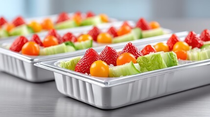 Several clear plastic food containers arranged in a row, filled with a colorful mixture of strawberries, cucumbers, and cherry tomatoes.