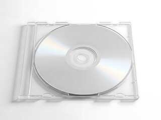 A silver CD placed inside a clear plastic case on a white background viewed from directly above