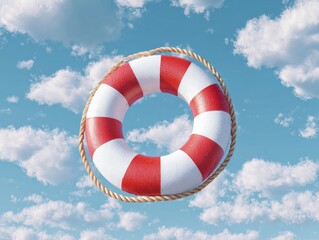 Red and white life preserver floats in a bright, cloudy, blue sky background