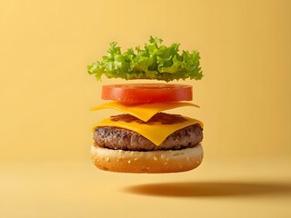 Levitating delicious cheeseburger ingredients with flying lettuce tomato and meat on yellow background for fast food menu