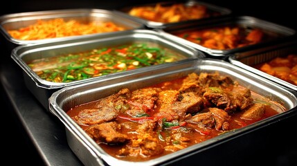 Various dishes in metal serving trays, showcasing a selection of hot, flavorful cuisines.
