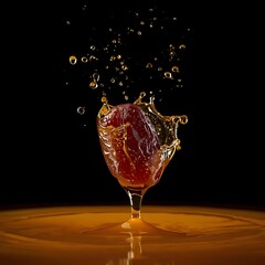 Fresh date fruit dropping into water splash isolated on black background for Ramadan Iftar concept