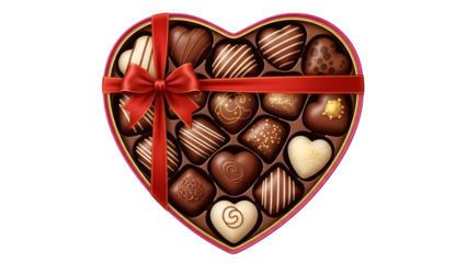 Valentine's day heart shaped chocolate box with red ribbon isolated on transparent background