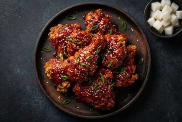 Korean fried chicken with spicy glaze and sesame seeds
