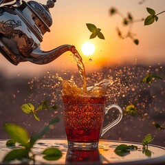 Hot herbal tea pouring from teapot into glass cup with liquid splash and flying leaves at sunset