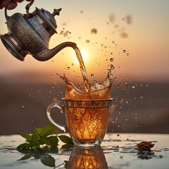 Hot herbal tea pouring from teapot into glass cup with liquid splash and flying leaves at sunset