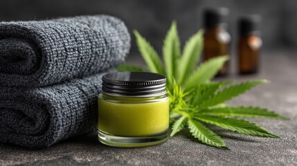 A glass jar of a light green product sits amongst dark gray towels and fresh green cannabis leaves, creating a spa-like ambiance.