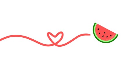 Red line drawing forming simple heart shapes with watermelon slice. Watermelon slice illustration with pink line forming heart shape. Cute summer fruit concept or love eating fruit campaign concept