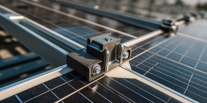 Installation of solar panel mounting systems outdoor solar farm photovoltaic technology bright daylight close-up renewable energy