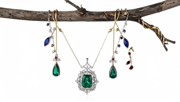Fine jewelry arranged on a natural wood branch