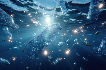 Ocean scene with plastic bottles and microplastics under blue water surface