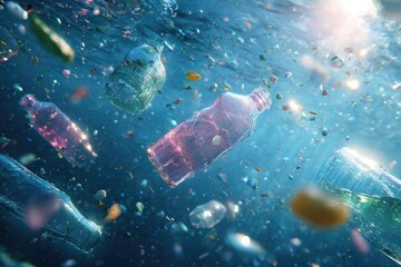 Bottled chaos plastics drift in turquoise waters, sunbeams pierce the scene