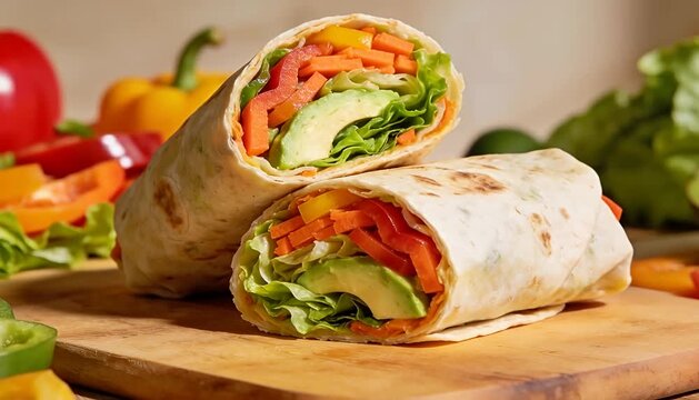 Healthy veggie wrap with avocado, carrots, peppers, and lettuce for a nutritious meal veggie wrap.