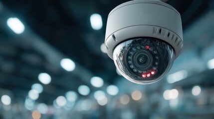 A security camera hangs from the ceiling, focused on a blurry interior scene.