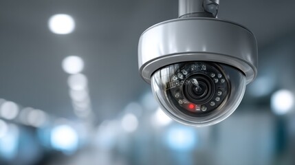 A security camera is mounted high above in a modern, indoor setting, with a softly blurred background.