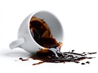 Spilled dark liquid from white ceramic cup