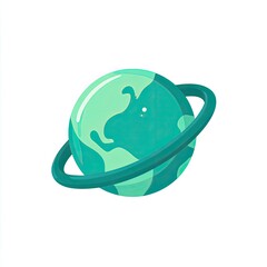 Stylized planet with ring in shades of teal and green, on a white background