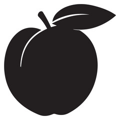  Black silhouette of a fresh peach with a stem and a single leaf attached to its top