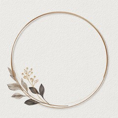 Gold circle frame with leaves on textured cream paper background