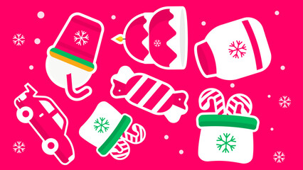 Red and white holiday icons on pink for festive designs