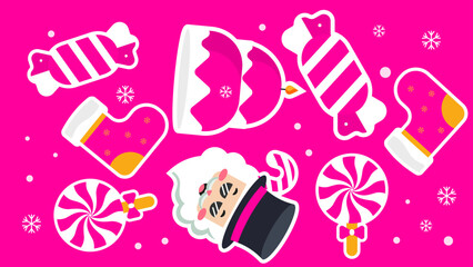 Pink candies, cake, magician socks, and snowflakes make a whimsical and festive composition