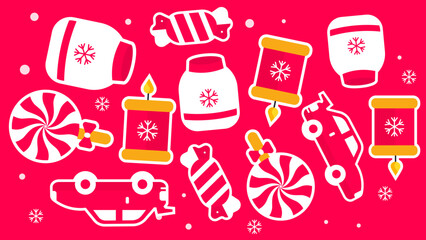 Winter element holiday treats and decorations on a red background