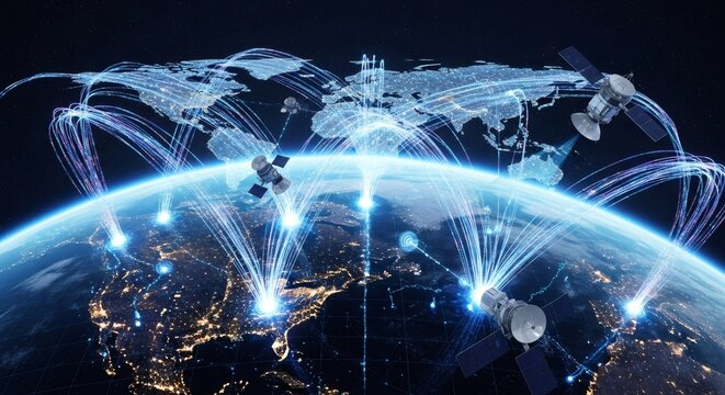 Earth with radiating light beams and satellites illustrating global network communication. Internet connection and digital technology concept. - Powered by Adobe