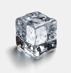 Translucent, square ice cube with visible cracks and bubbles