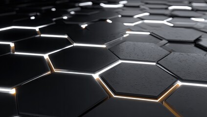 Dark, textured hexagons with illuminated edges in a close-up, abstract pattern