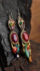 Ornate jeweled earrings rest on dark, textured surface