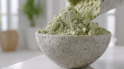 Light-green powder is poured into a textured, gray bowl, illuminating a bright, modern kitchen setting.