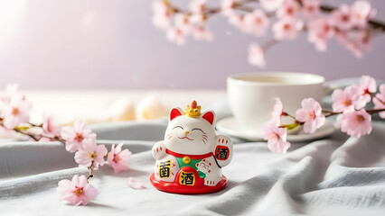 A Maneki-Neko figurine surrounded by cherry blossoms and a cup of tea