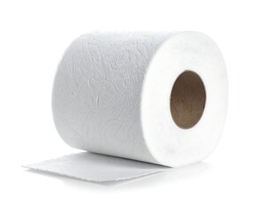 A close-up shot of a roll of soft, white bathroom tissue, partially unrolled, resting on a white surface. The core is visible