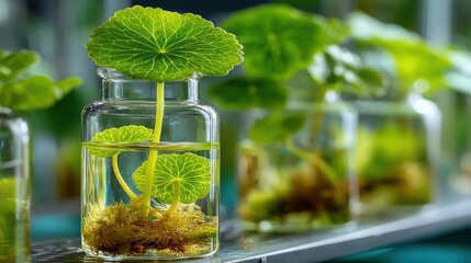 Vibrant, healthy plants thrive in clear glass containers, showcasing delicate leaves and roots, bathed in soft natural light.