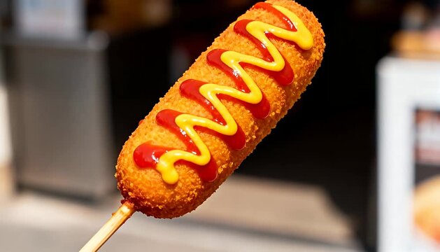 Golden fried corn dog with ketchup and mustard drizzle on a stick, savory street food snack, quick bite.