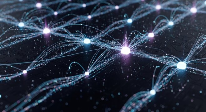 Network of glowing nodes with flowing data lines, symbolizing global communication, digital technology, neural network, and interconnected system. - Powered by Adobe